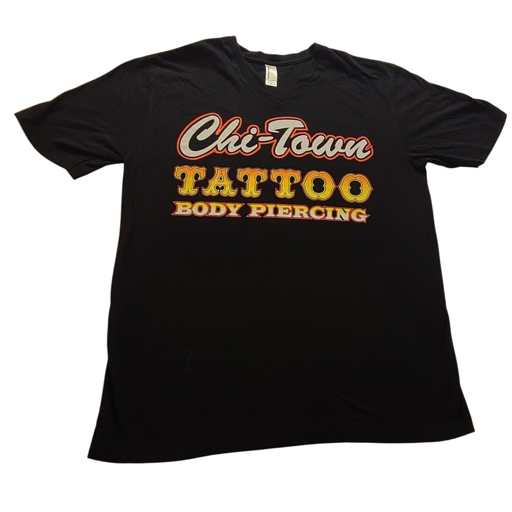 American Apparel Chi-Town Tattoo Body Piercing V-Neck T-Shirt Black Mens M